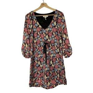 BCBGeneration Red & Blue Retro Floral Long Sleeve Babydoll Mini Dress S